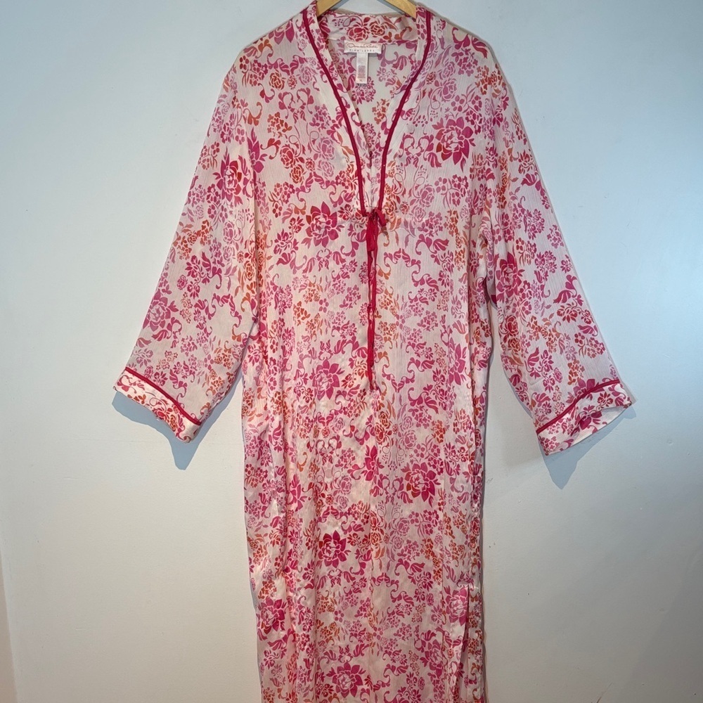 Oscar De La Renta Pink Label Lightweight Robe House Coat-Pink Floral-size XL